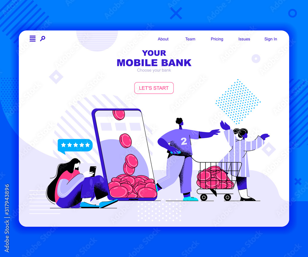 Poster mobile banking landing page vector template. online smartphone payment website header ui layout with