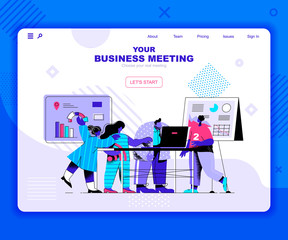 Business meeting landing page vector template. Workshop for entrepreneurs website header UI layout with flat illustration. Business people cooperation web banner flat concept