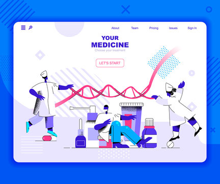 Medicine Landing Page Vector Template. Emergency Health Care Aid Website Header UI Layout With Flat Illustration. Medicaments And Prescription Laboratory Web Banner Flat Concept