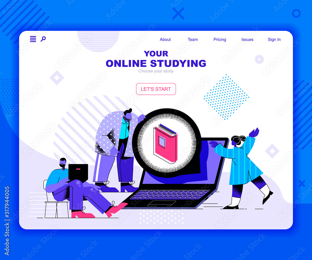 Fototapete Online studying landing page vector template. Modern university course website header UI layout with flat illustration. Teaching lectures and lessons web banner flat concept