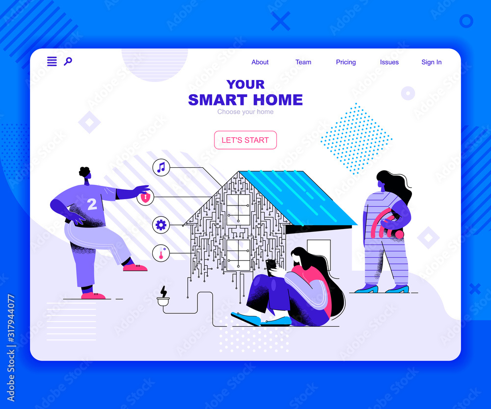 Fototapete Smart home landing page vector template. Automated house control system website header UI layout with flat illustration. Wireless controller on tablet display web banner flat concept