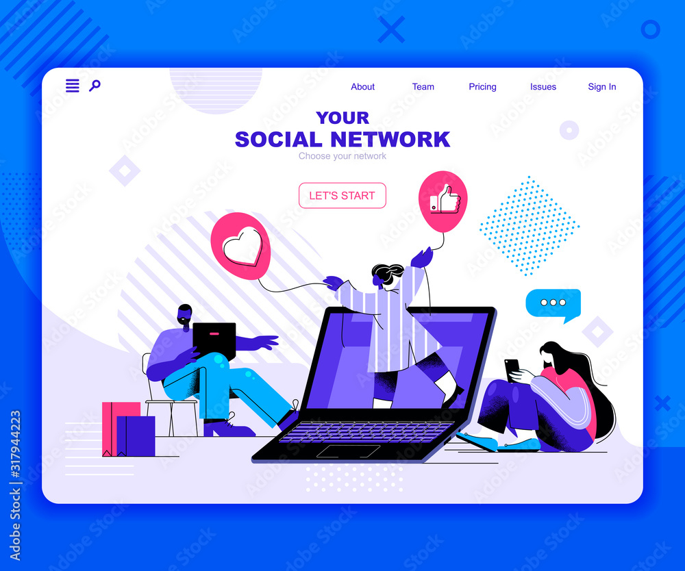 Fototapete social network landing page vector template. online digital blog profile website header ui layout wi