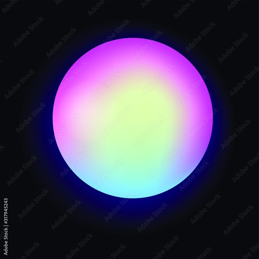 Poster glowing neon sphere on dark background. retrowave and synthwave style illustration.