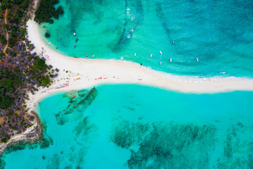 Aerial view of Sandy Tongue in Turquoise Waters of Nosy Iranja, Madagascar - obrazy, fototapety, plakaty
