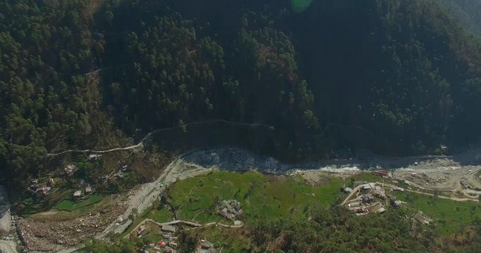Route to Himalayas. Himalayan hills & mountainous river Ganga or Ganges. Beautiful scenery of Himalayan hills, Uttarakhand, India. Aerial view of Himalayan hills.Nature lovers.Travel India Uttarakhand