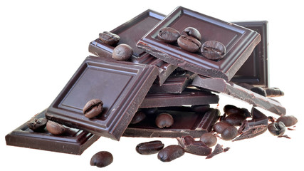 chocolate bar with scattering of coffee beans isolated