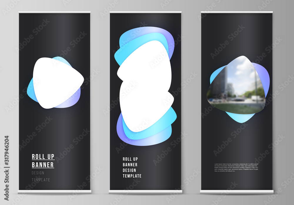 Poster vector illustration of the editable layout of roll up banner stands, vertical flyers, flags design b
