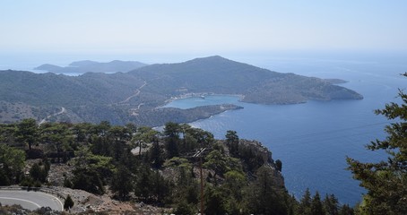 Beautiful mountain landscape. Sea city. Mountain village. Greek island. Greece.Simi Island.	