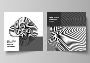 The minimal vector layout of two square format covers design templates for brochure, flyer, magazine. Abstract 3D geometrical background with optical illusion black and white design pattern.