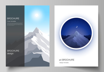 Vector layout of A4 format modern cover mockups design templates for brochure, magazine, flyer, booklet, report. Mountain illustration, outdoor adventure. Travel concept background. Flat design vector