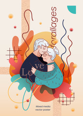 Old people hug and husband kiss his wife in forehead. Romance relationship of elderly persons. Poster, banner, print, postcard for Valentine Day on abstract background. Flat linear, mixed media style