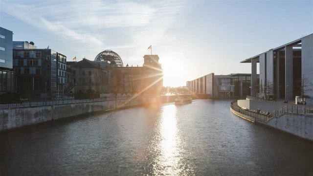 Berlin Reichstag with Spree River at Sunset Day to Night Timelapse