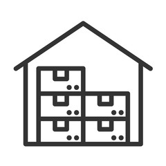 Warehouse outline vector icon isolated on white background. Warehouse with pile of parcel boxes inside. Outline vector illustration for web design and mobile app ui