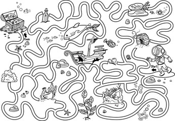 Help the diver to reach the  treasure chest. Black and white maze game for kids. Vector illustration.