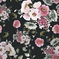 Seamless watercolor pattern with a bouquet of anemone on a dark background
