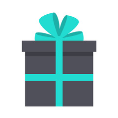 Gift box with bow color flat illustration. Purple gift box with blue ribbon and bow vector icon isolated on white background. Holiday gift icon for web, ui design, print, greeting cards