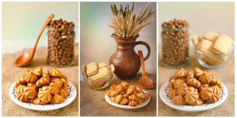 Collage in beige tones, with cookies and ears in the background