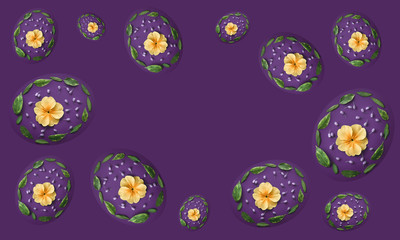 Easter eggs made from flowers and leaves on violet background. Easter background with copy space.