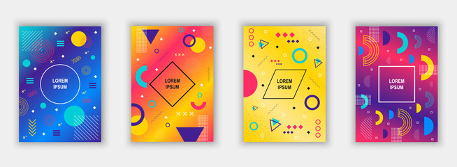 Set of modern memphis style covers. Colorful geometric background can be used brochure design, flyer, web banner, ads poster, magazine, flat cover for web. Vector illustartion.