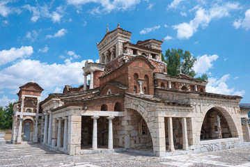 Fototapeta na wymiar Ancient Mantineia, Tripoli, Greece 2019: The Christian temple of Saint Fotini has an original and unique architectural style.