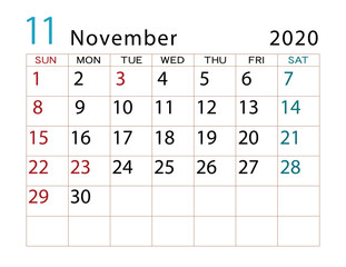 2020年カレンダー　11月