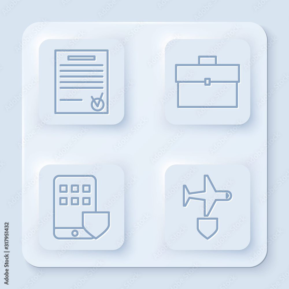 Poster set line confirmed document and check mark, briefcase, smartphone insurance and plane with shield. w