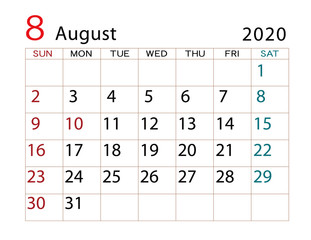 2020年カレンダー　8月