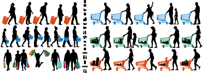 Shopper silhouette. People with shopping carts and grocery baskets. Vector silhouette set