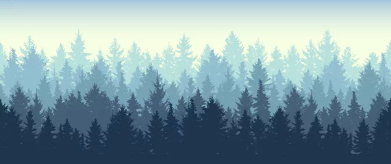 Keuken achterwand Landschap patronen Seamless coniferous winter forest background. Nature, landscape. Pine, spruce, christmas tree. Fog evergreen coniferous trees. Silhouette vector illustration  © nosyrevy