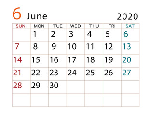 2020年カレンダー　6月