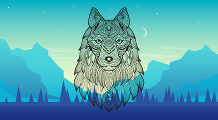 Patterned head of a wolf, coyote, dog against the backdrop of mountains, forests. Series of animals in the ethnic style. Stylized wolf portrait on background.