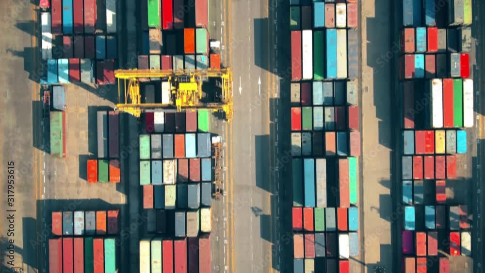 Poster aerial top-down view of the big cargo container terminal in a port