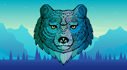 Head of the growling bear.  African / indian design. Mountain landscape. Forest mountains in the background. Picture for conversion. Patterned bear with a black stroke. Tribal ornament. Vector image