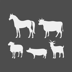 Farm animals silhouettes. Horse, cow, pig, goat, sheep vector silhouettes