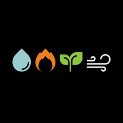 4 elements flat vector icons. Water, fire, earth, air flat vector icons