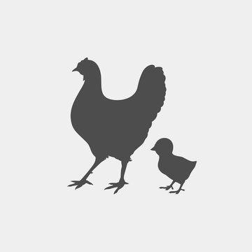 Chicken And Chick Vector Silhouette. Farm Birds Silhouettes