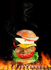 Flying Turkey Burger Ingredients on Black Background