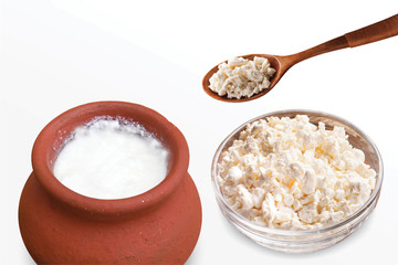 Desi Makhan, Fresh cottage cheese in a bowl with spoon & buttermilk on a white background. - image.