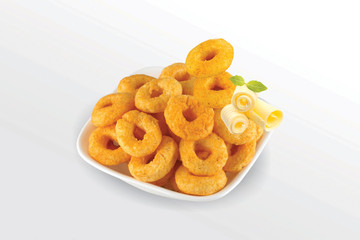 Pile of crispy Masala Corn ring, Cream & Chilli snack (Fryums - Frymus) in white dish isolated on white background, Sweet brekfast cereal rings - Image