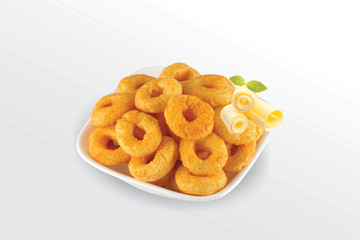 Pile of crispy Masala Corn ring, Cream & Chilli snack (Fryums - Frymus) in white dish isolated on white background, Sweet brekfast cereal rings - Image