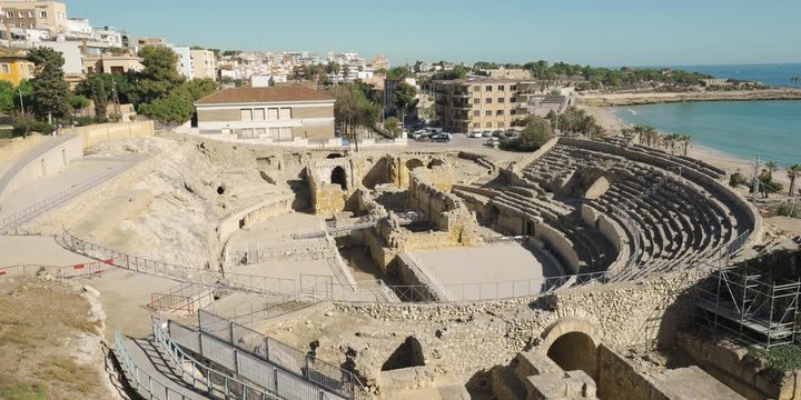 Ancient roman amphitheater of Tarragona, Spain, next to the Mediterranean sea in Costa Dorada, Catalonia, Spain.The Archaeological Ensemble of Tarraco is declared a UNESCO World Heritage Site Ref 875