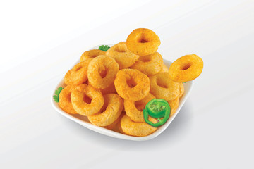 Pile of crispy Masala Corn ring, Cream & Chilli snack (Fryums - Frymus) in white dish isolated on white background, Sweet brekfast cereal rings - Image