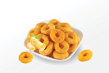 Pile of crispy Masala Corn ring, Cream & Chilli snack (Fryums - Frymus) in white dish isolated on white background, Sweet brekfast cereal rings - Image