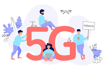 5G technology. Concept with 5g letters and people. Women and men with digital devices and gadgets use network wireless. Colorful vector illustration in flat style. Cartoon characters.