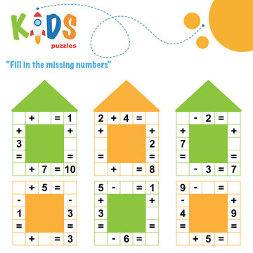 Fill In The Missing Numbers. Easy Colorful Math Crossword Puzzles For Preschool, Elementary And Middle School Kids.