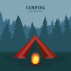 camping in the wilderness red tent in forest with campfire vector illustration EPS10