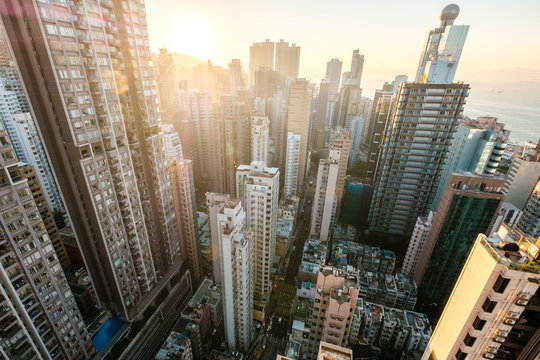 City Aerial Of HongKong, Skyscraper In Downtown Hong Kong -