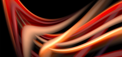 Abstract silk smooth lines on black, multicolored liquid fluid rainbow style waves on black