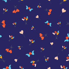 Seamless pattern with flying colourful balloons in the shape of hearts and words love shape with winged hearts and love alphapet on bright blue background. Cheerful pattern.
