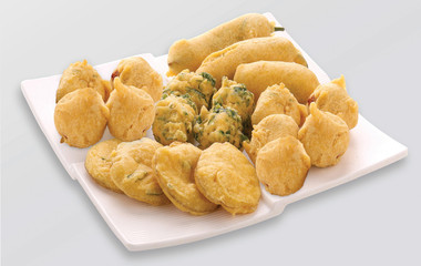 Methi Gota (fenugreek) Pakoda, Chili pakoda, potato pakoda (vada) or Fritters indian food snack, bhajiya, white background, photographi - Image